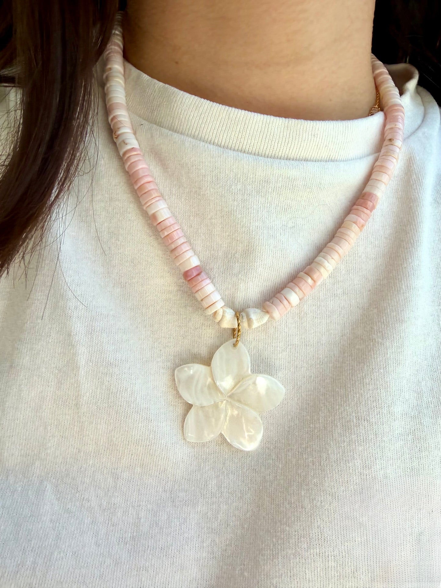 Blush Bloom - Pink Opal Heishi Necklace with Mother-of-Pearl Flower, Handmade