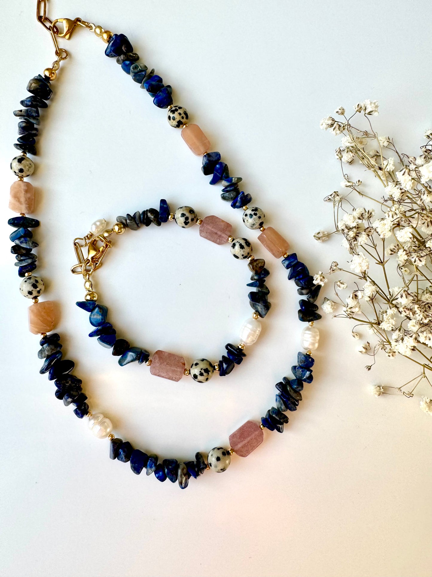 Midnight Bloom - Gemstone Bracelet with Lapis Lazuli, Rose Quartz & Freshwater Pearls - Handmade