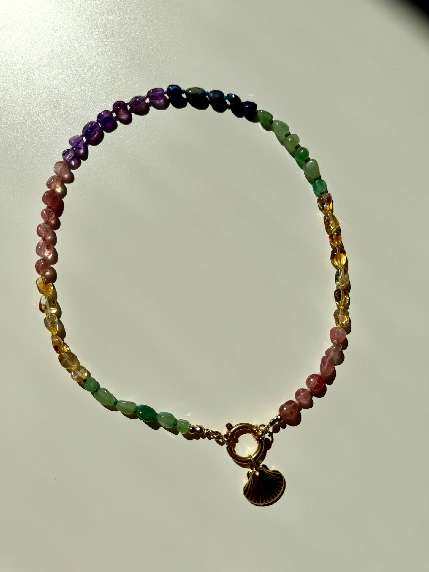 Rainbow Gemstone Necklace • Amethyst, Citrine, Aventurine & more • 18k Gold Plated • Shell Pendant