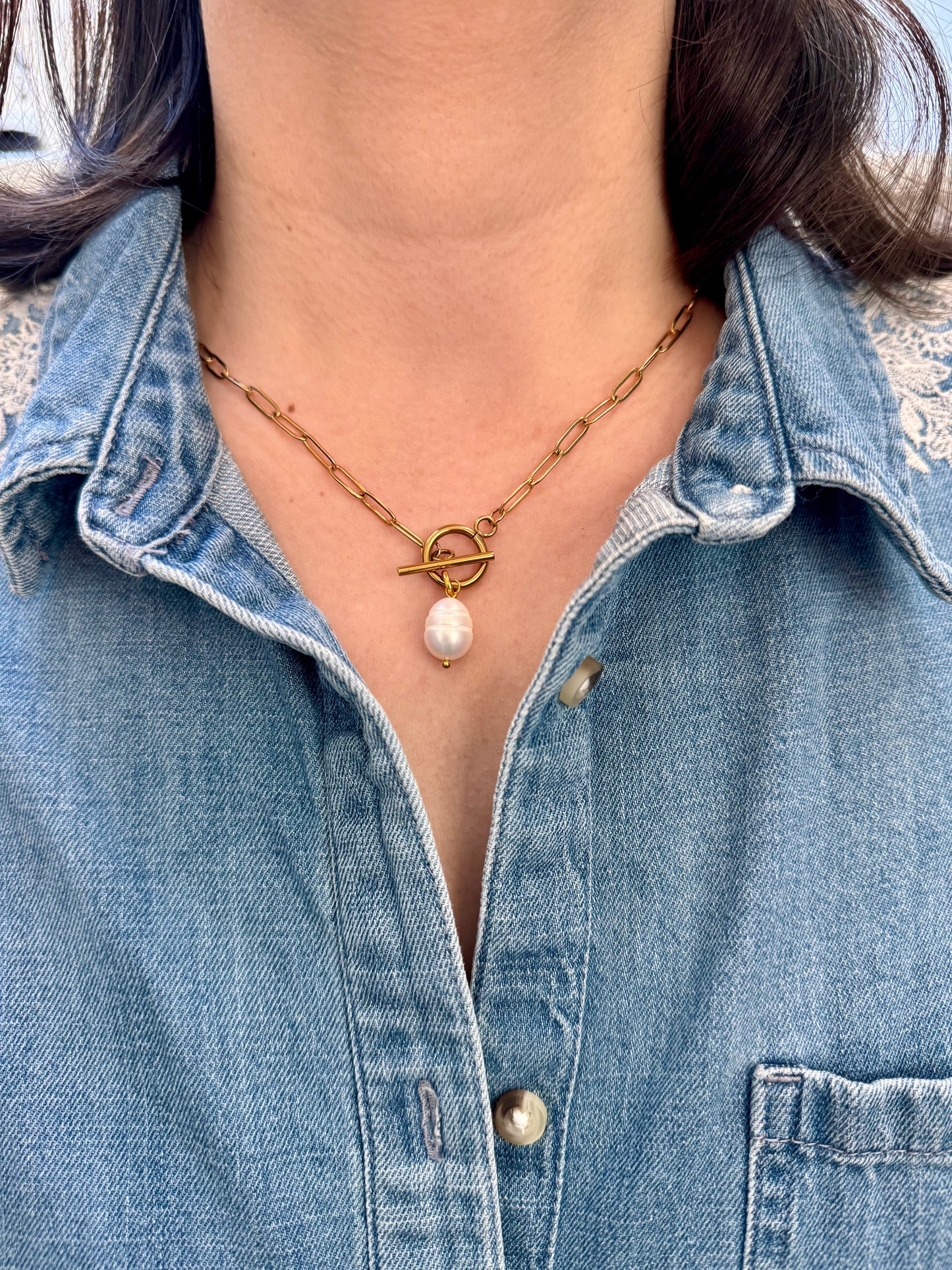 Gliederkette mit Barockperle & 18 k vergoldetem Knebelverschluss