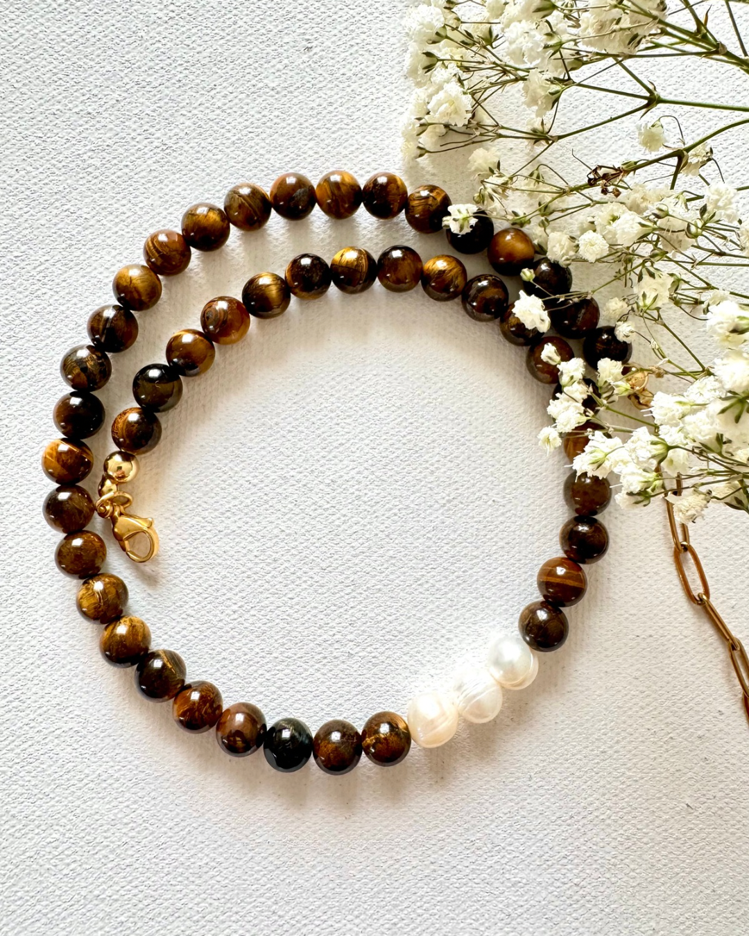 Tiger Eye – Edelstein Halskette mit Tigerauge und Süßwasserperlen