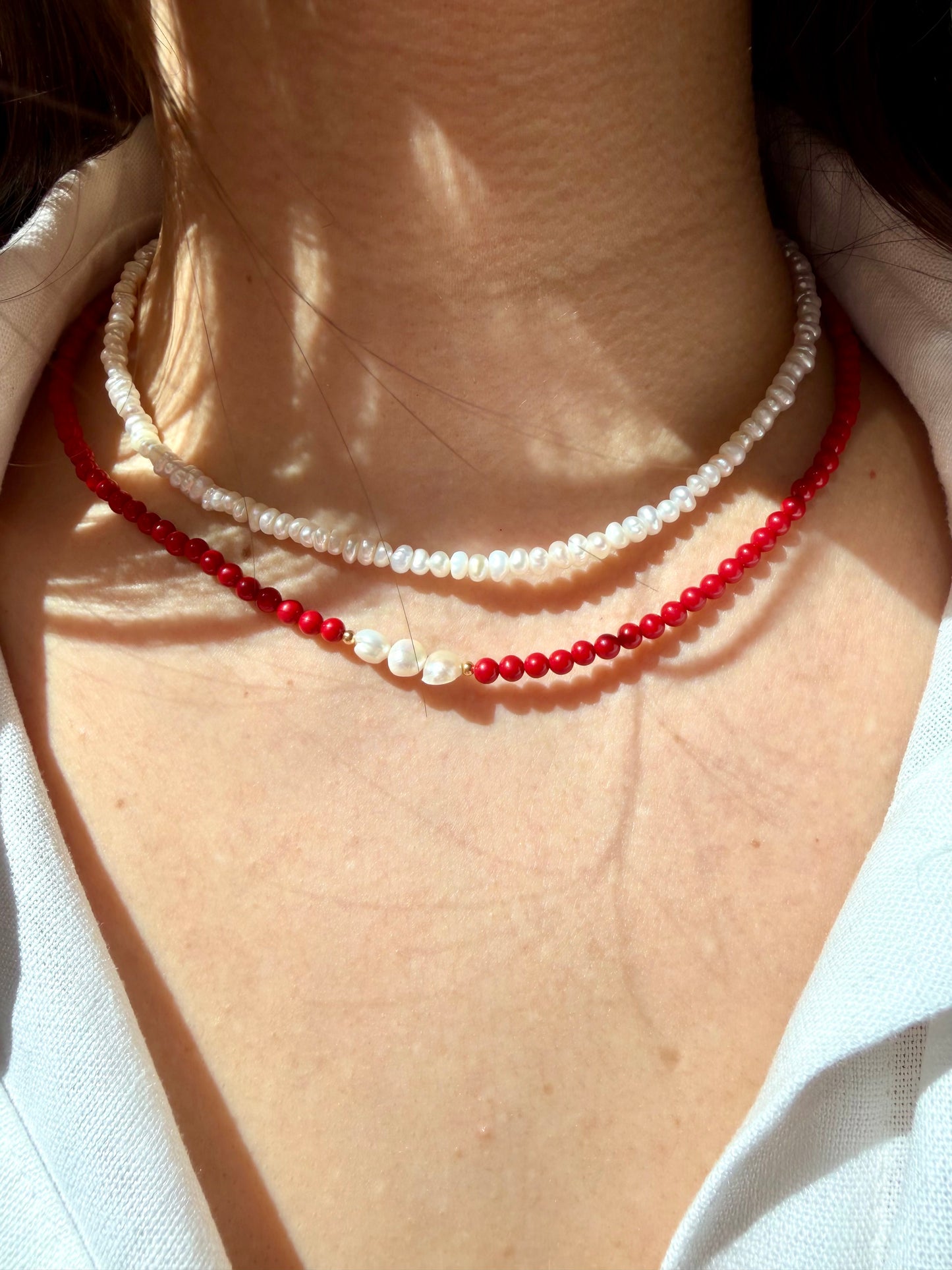 Petit Coral – Delicate Coral Necklace with Freshwater Pearls – Handmade