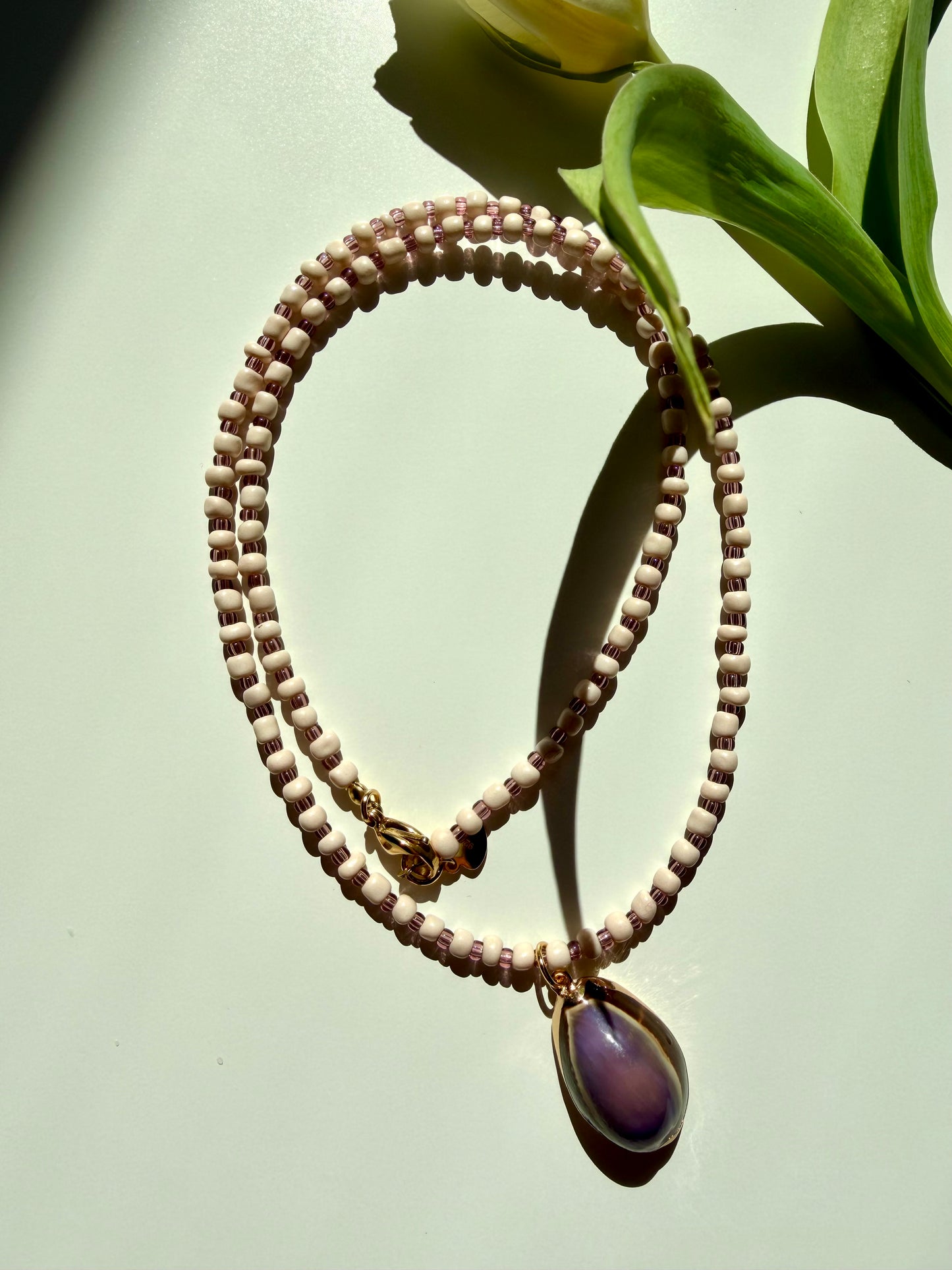 Lilac Tide - Handmade Glass Bead Necklace with Shell Pendant