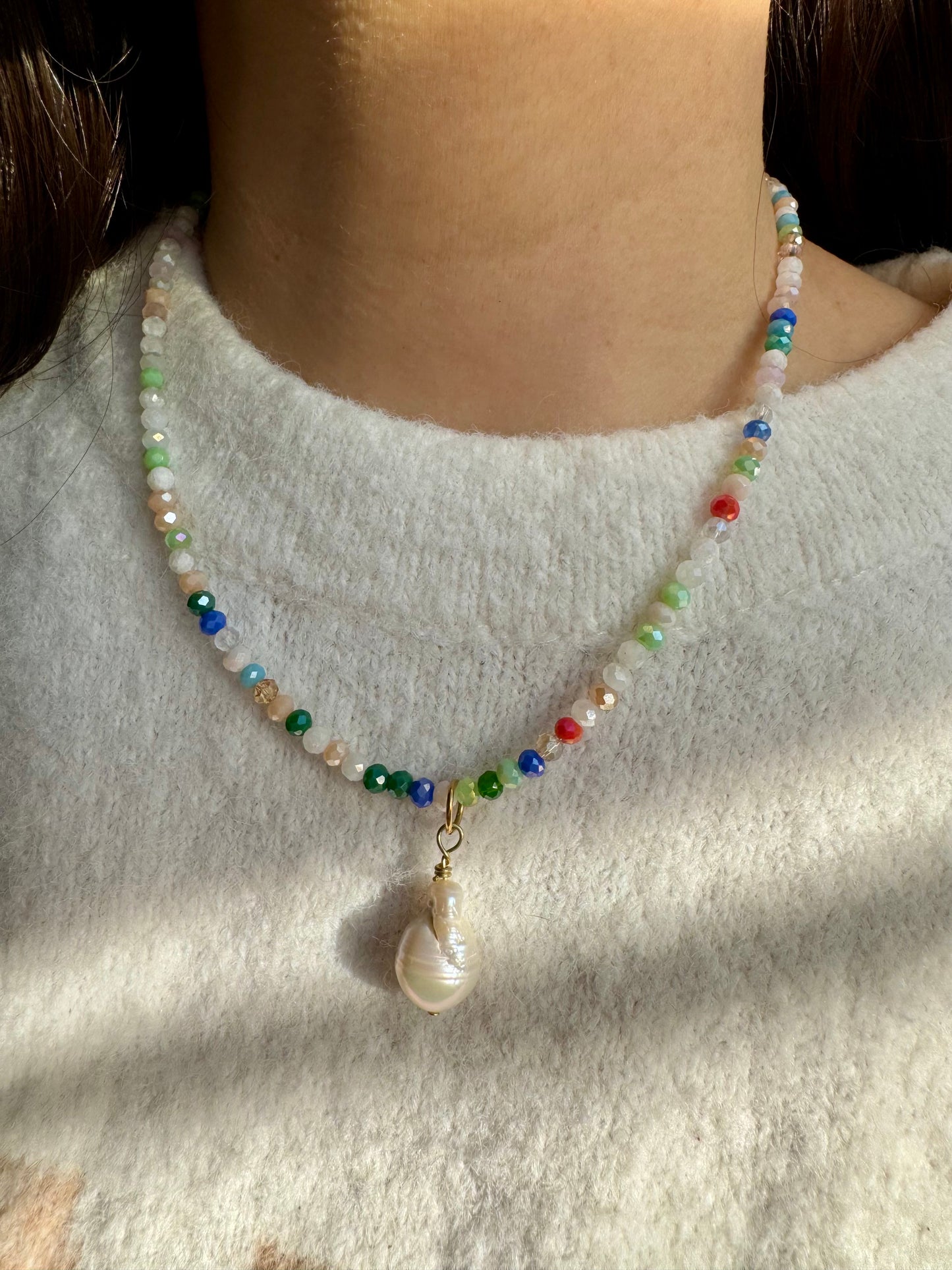 Colorful gemstone necklace • Faceted glass beads & baroque pearl • 18k gold-plated