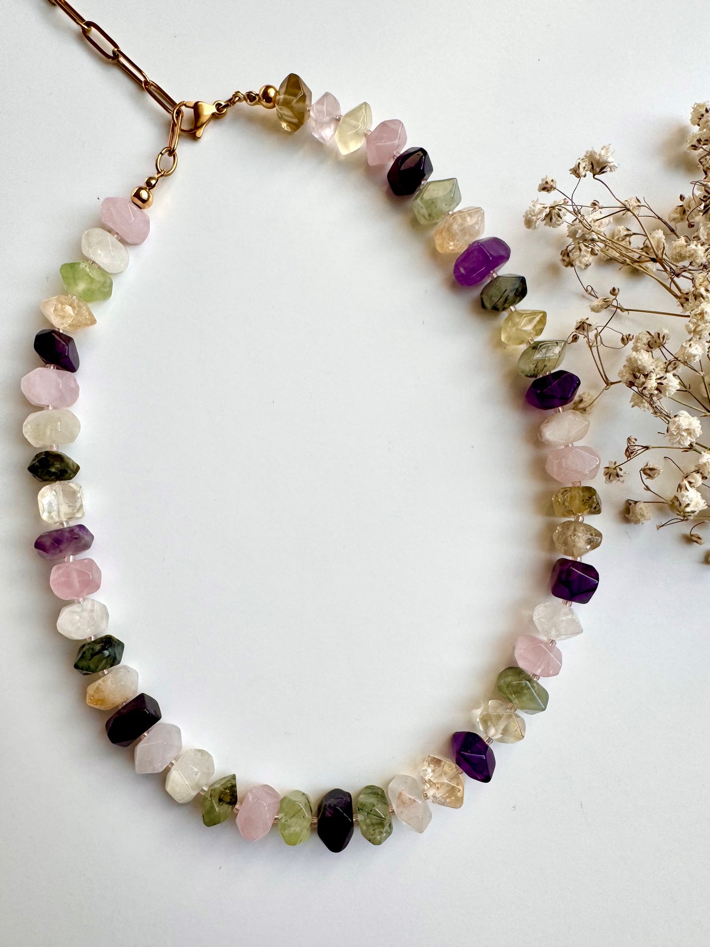 Crystal Garden – Edelstein Kette mit Amethyst, Rosenquarz, Fluorit & Citrin – handgefertigt