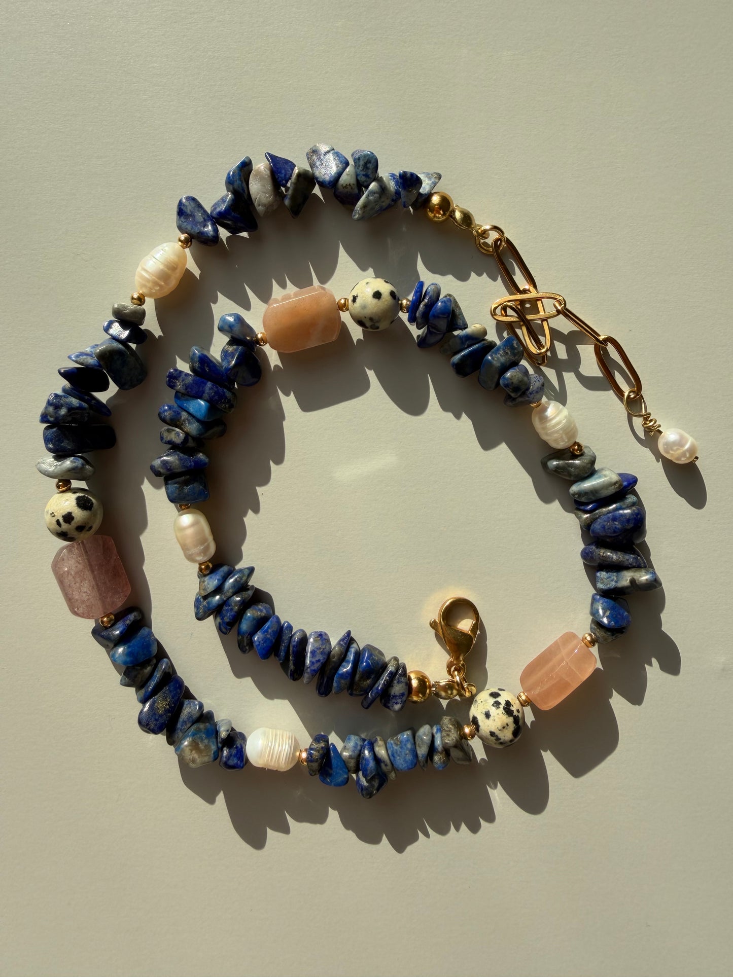 Gemstone necklace with lapis lazuli, Dalmatian jasper & rose quartz