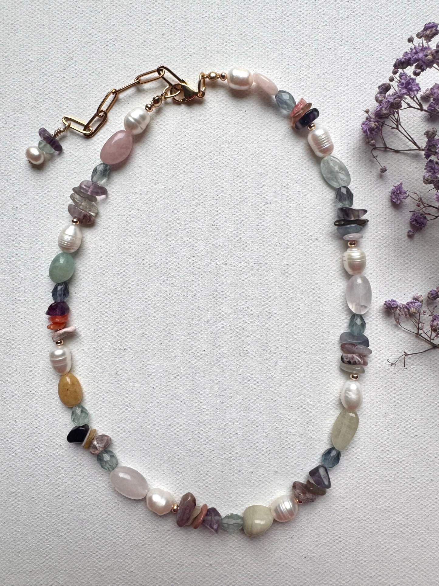 Necklace with gemstone mix & freshwater pearls • Unique pearl shapes • 18k gold-plated