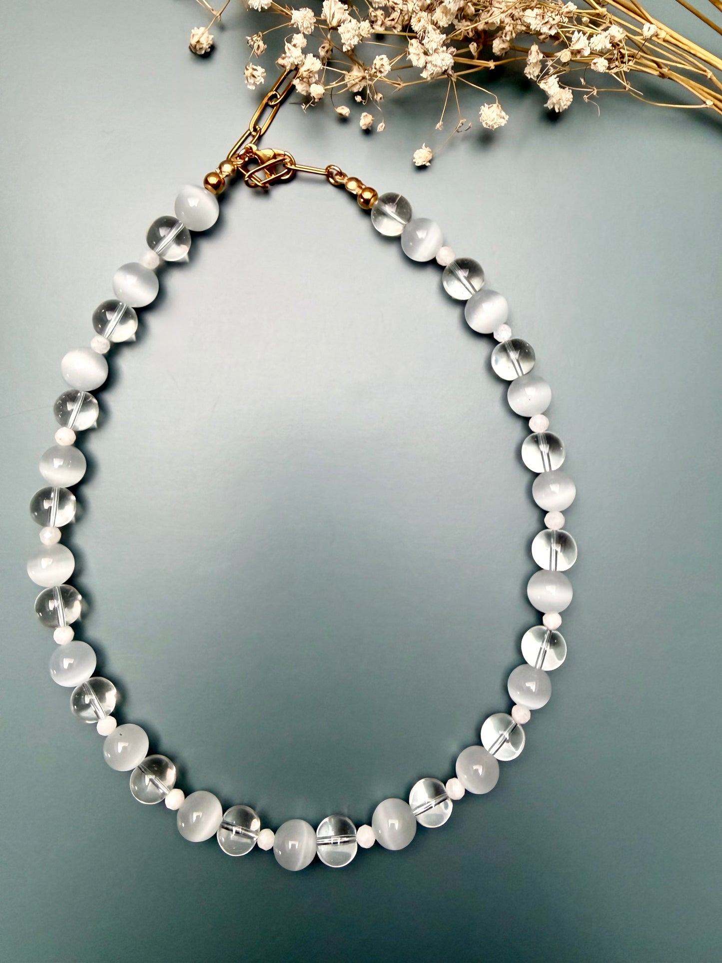 Crystal Moon – Necklace with rock crystal, moonstone & cat's eye – handmade