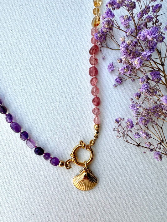 Regenbogen Edelstein-Halskette • Amethyst, Citrin, Aventurin & mehr • 18k vergoldet • Muschel-Anhänger