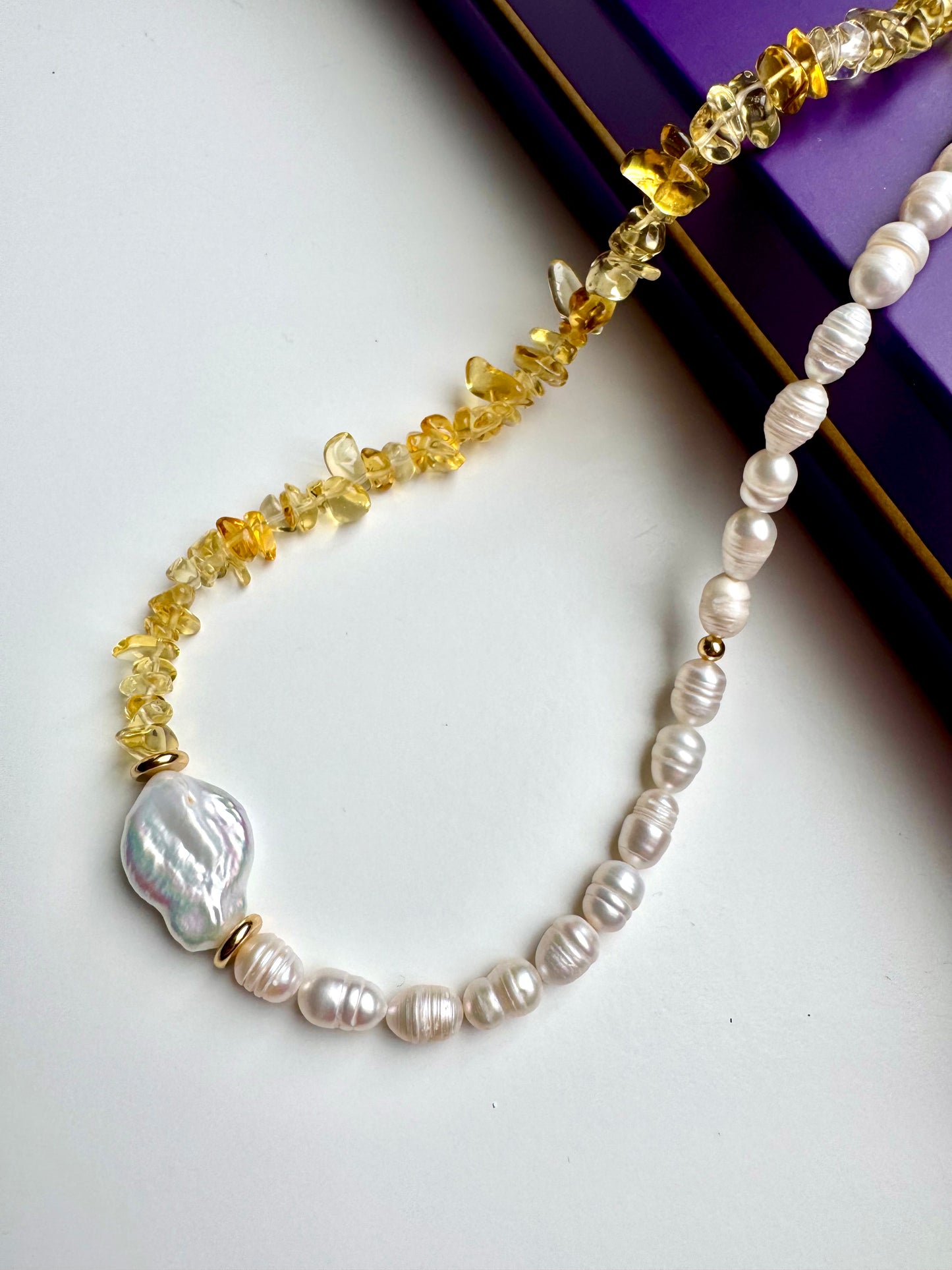 Necklace with citrine & freshwater pearls • Baroque pearl & gold accents • 18k gold-plated