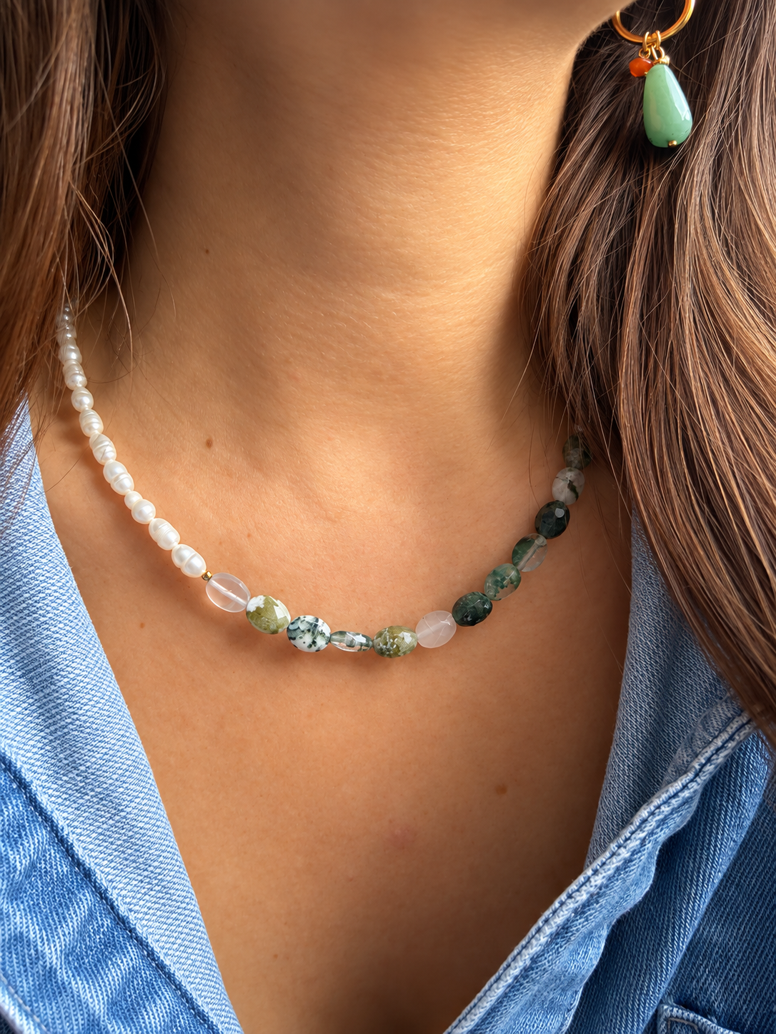 Moss Pearl – Moosachat Halskette mit Süßwasserperlen – Ansicht 6