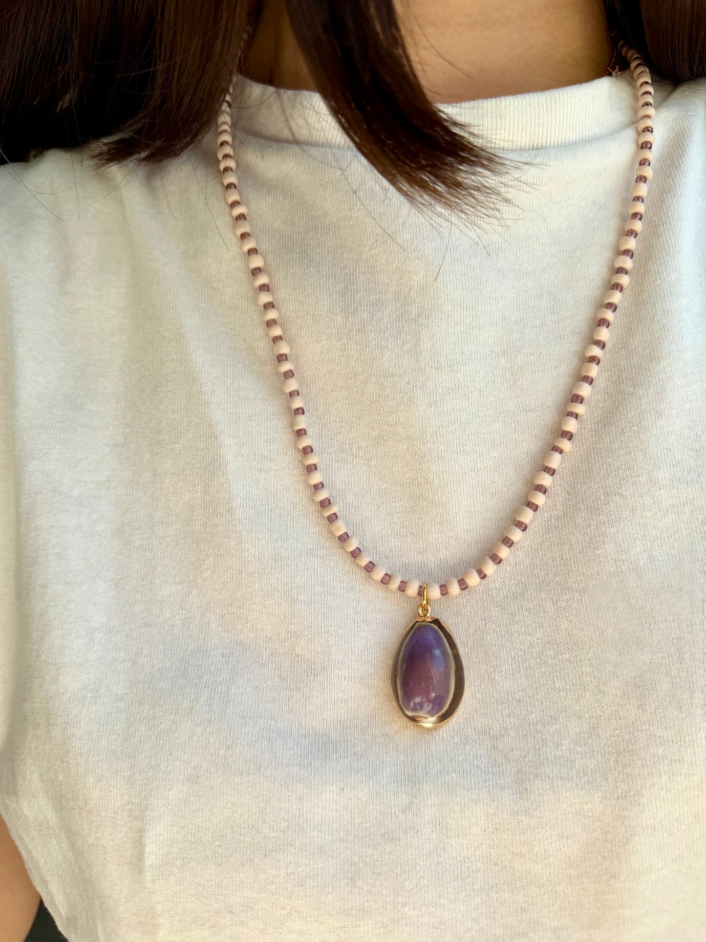 Lilac Tide - Handmade Glass Bead Necklace with Shell Pendant