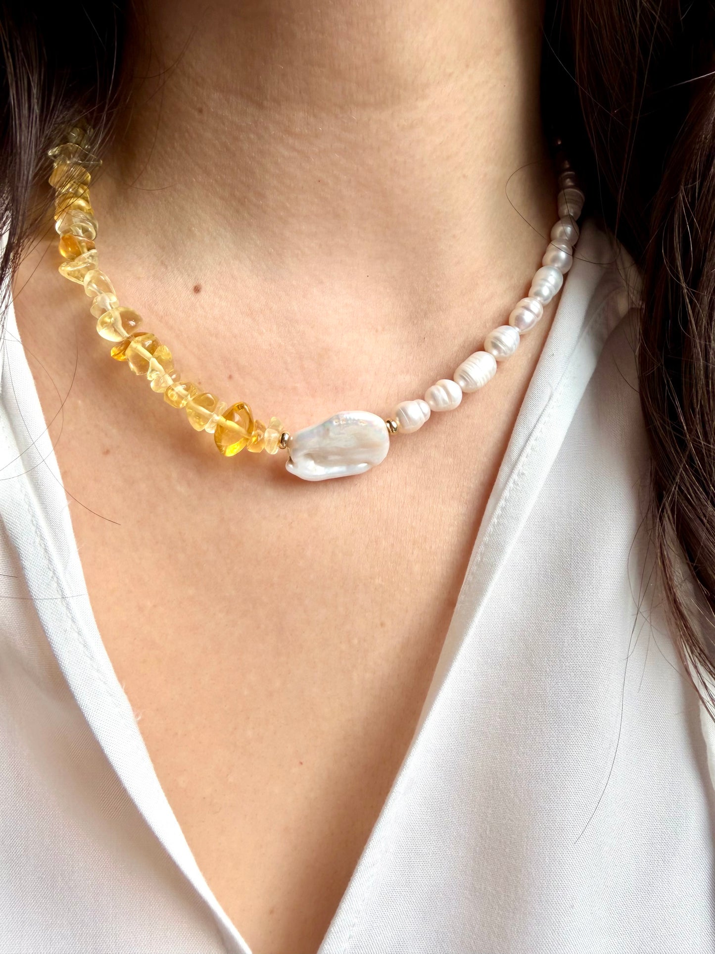 Necklace with citrine &amp; freshwater pearls • Baroque pearl &amp; gold accents • 18k gold-plated