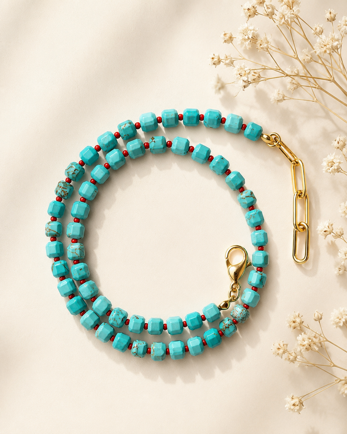 Happy Pearls No. 7 Necklace with Turquoise & Red Accents – handmade