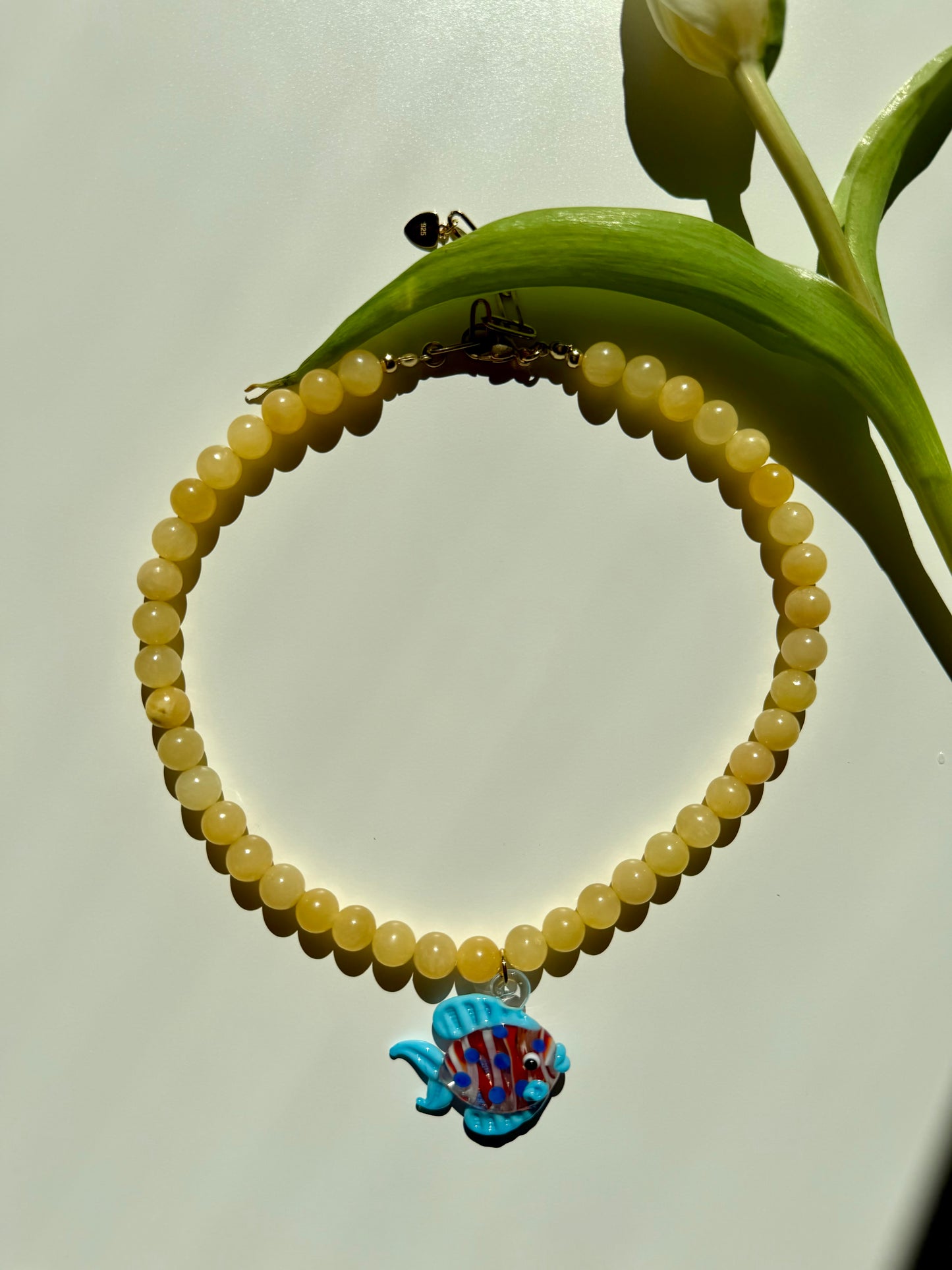 Golden Mare - Honey Bead Necklace with Fish Pendant Handmade