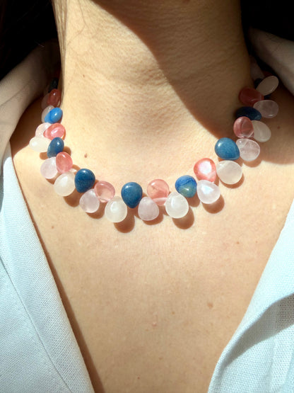 Berry Moon Halskette mit Rosenquarz, Kirschquarz & blauem Aventurin – handgefertigt