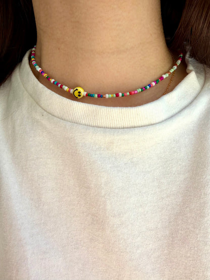Happy Smile - Colorful Glass Bead Necklace with Handmade Smiley