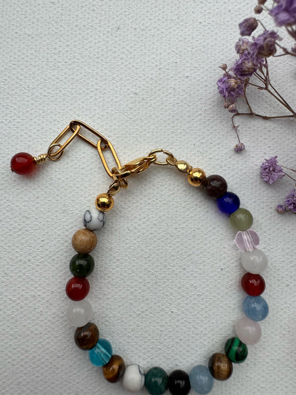 Buntes Edelstein-Armband • 6 mm Perlen • 18k vergoldet