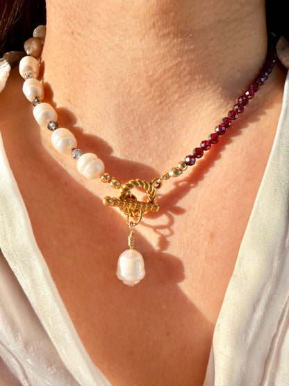 Ruby Pearl Glow – Garnet Necklace with Freshwater Pearls &amp; Toggle Clasp – Handmade