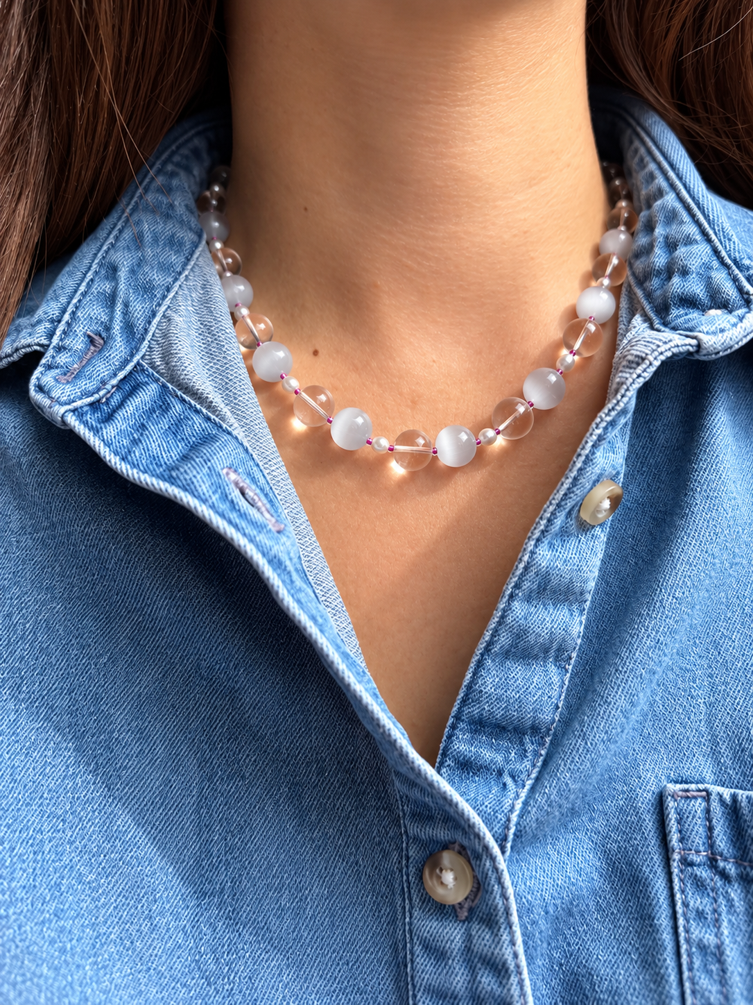 Crystal Sky – Kette mit Bergkristall, Katzenauge & Süßwasserperlen