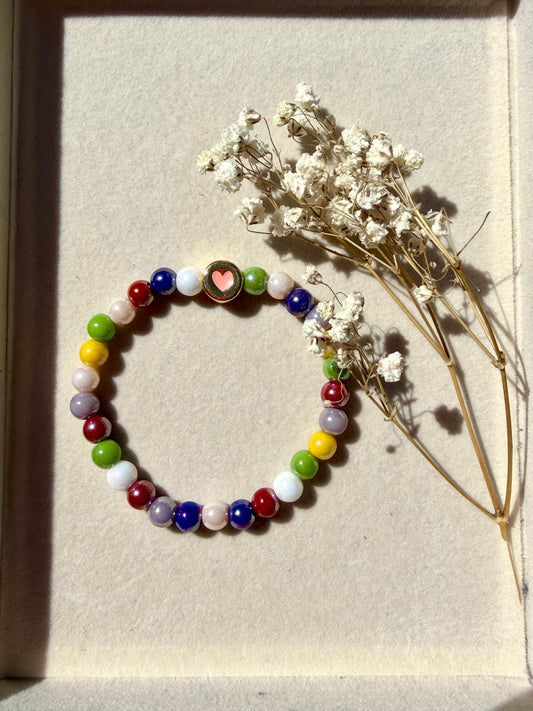 Heart Glass Bead Bracelet – colorful glass beads with heart pendant – handmade