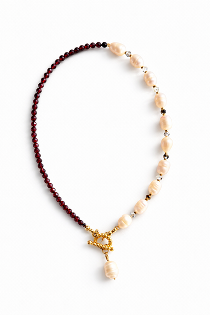 Ruby Pearl Glow – Garnet Necklace with Freshwater Pearls &amp; Toggle Clasp – Handmade