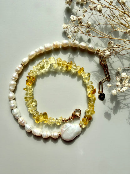 Necklace with citrine &amp; freshwater pearls • Baroque pearl &amp; gold accents • 18k gold-plated