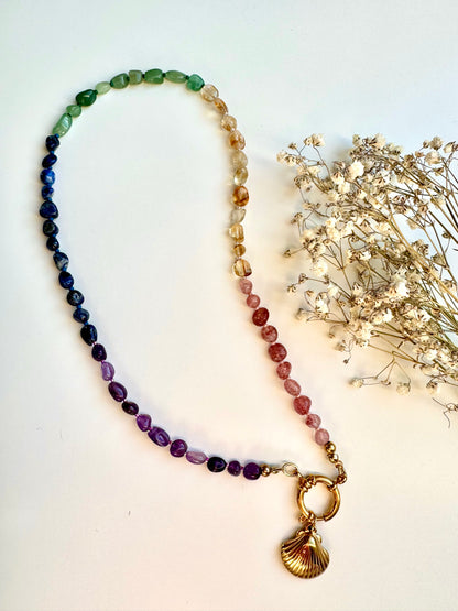 Regenbogen Edelstein-Halskette • Amethyst, Citrin, Aventurin & mehr • 18k vergoldet • Muschel-Anhänger