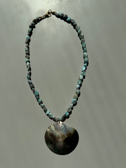 Ocean Giant - Necklace with Larimar & large Mother of Pearl Pendant - Handmade