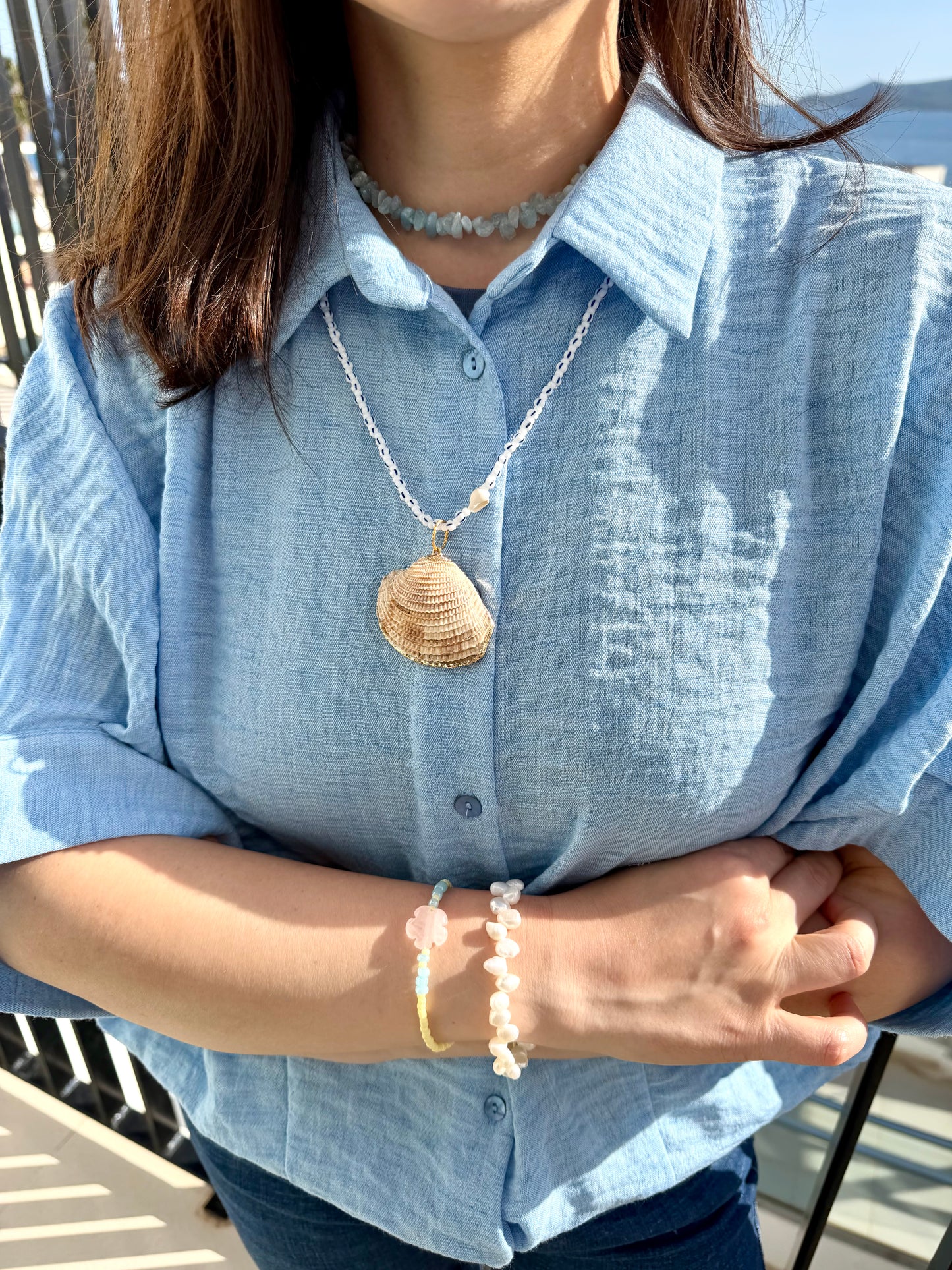 Deep Sea - Shell Necklace with Glass Beads Handmade