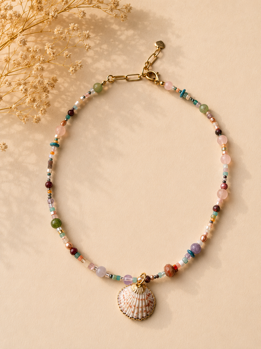 Happy Pastel Tide – Edelstein Mix Halskette mit Muschel – handgefertigt