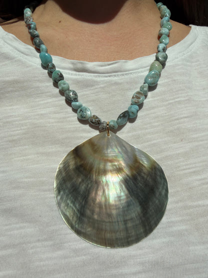 Ocean Giant - Necklace with Larimar & large Mother of Pearl Pendant - Handmade