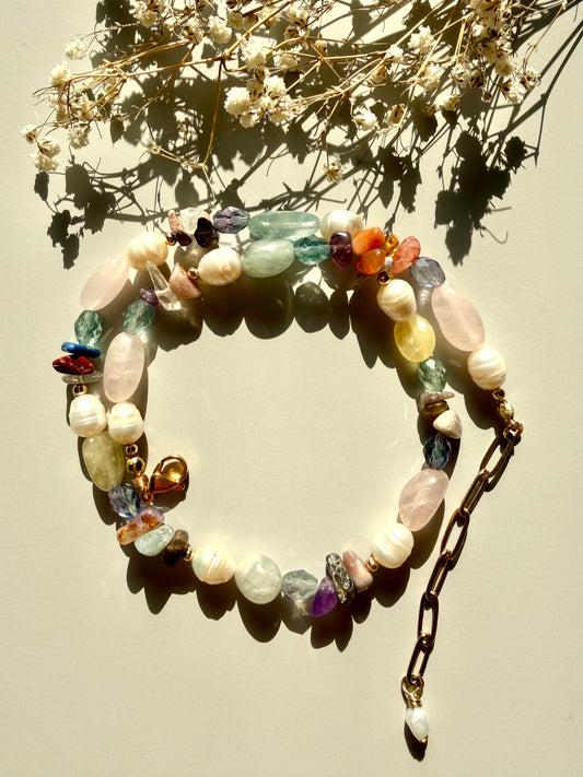 Necklace with gemstone mix &amp; freshwater pearls • Unique pearl shapes • 18k gold-plated