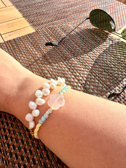 Lemon Bloom - Rose Quartz Bracelet with Colorful Glass Beads - Handmade