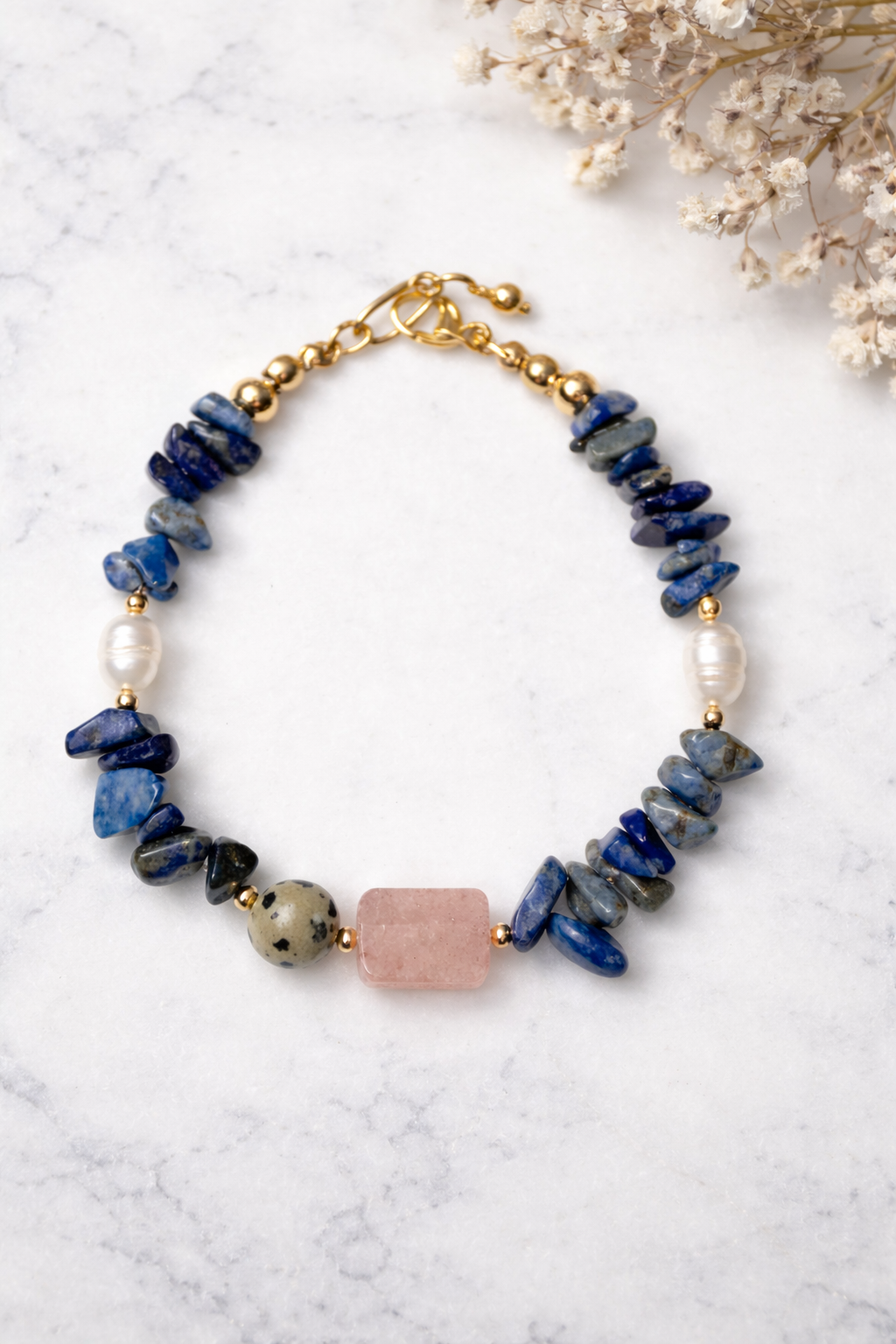 Midnight Bloom - Gemstone Bracelet with Lapis Lazuli, Rose Quartz & Freshwater Pearls - Handmade