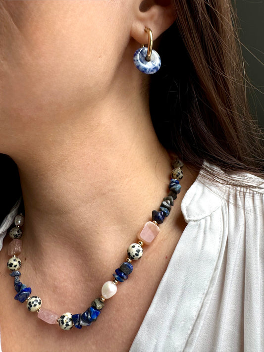 Edelstein-Halskette mit Lapislazuli, Dalmatiner-Jaspis & Rosenquarz