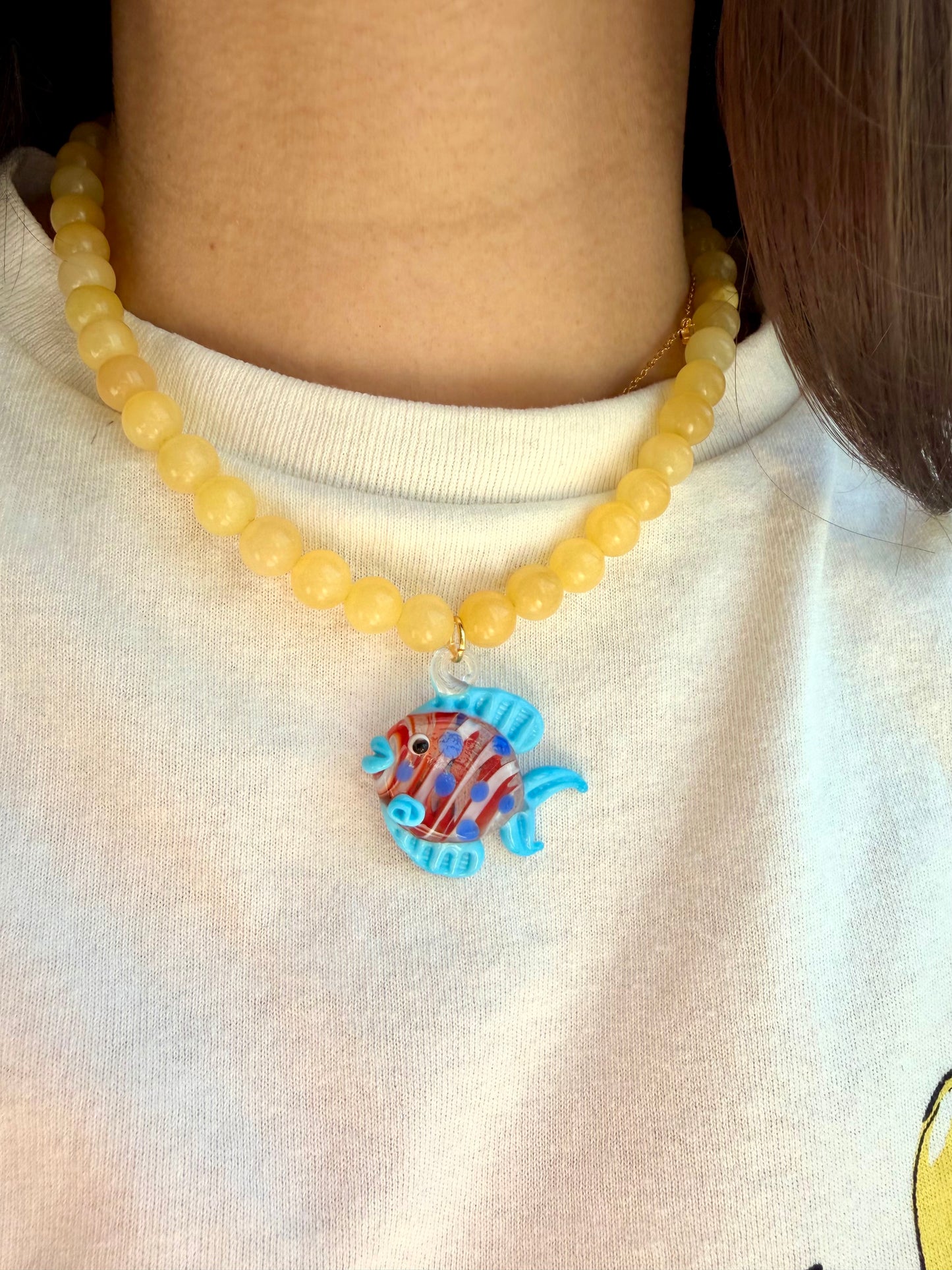 Golden Mare - Honey Bead Necklace with Fish Pendant Handmade