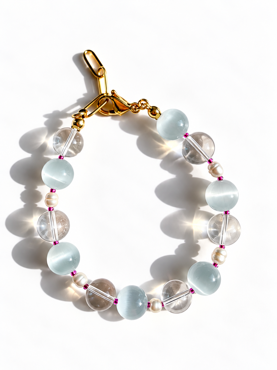 Crystal Sky – Armband mit Bergkristall, Katzenauge und Süßwasserperlen