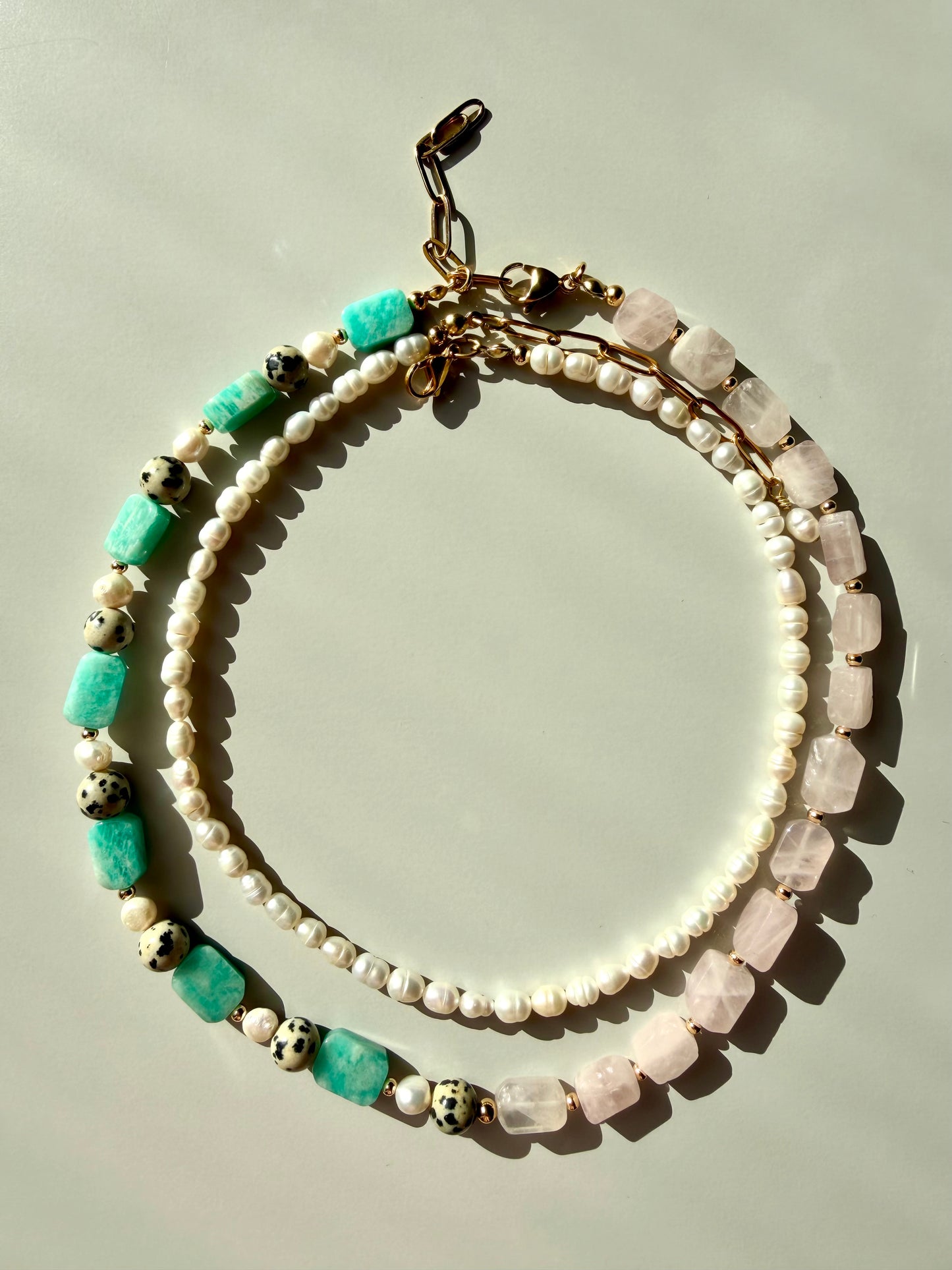 Necklace with rose quartz, amazonite, Dalmatian stone &amp; freshwater pearls – handmade