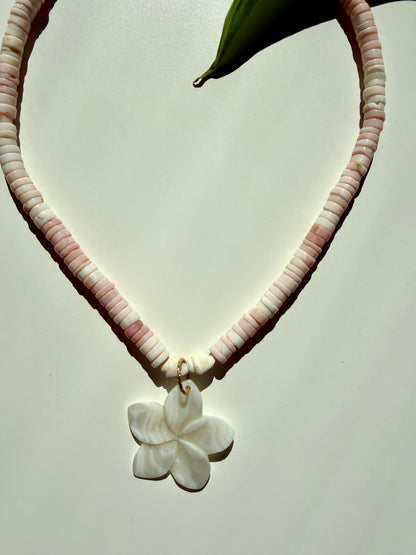 Blush Bloom - Pink Opal Heishi Necklace with Mother-of-Pearl Flower, Handmade