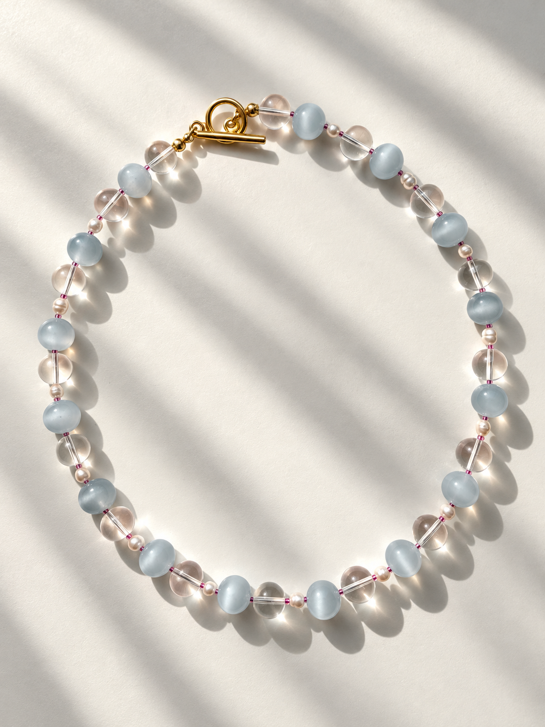 Crystal Sky – Kette mit Bergkristall, Katzenauge & Süßwasserperlen