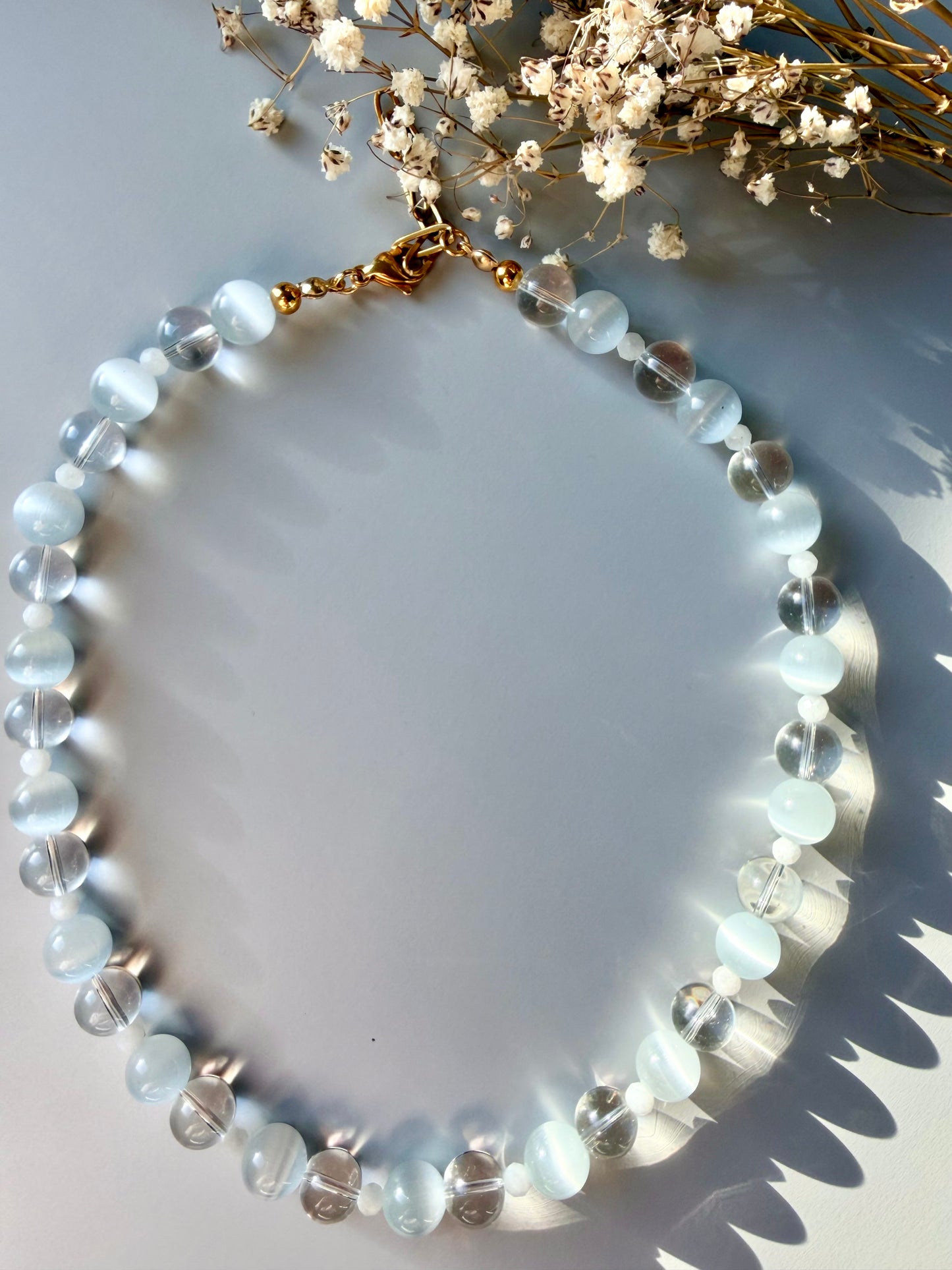 Crystal Moon – Necklace with rock crystal, moonstone &amp; cat's eye – handmade