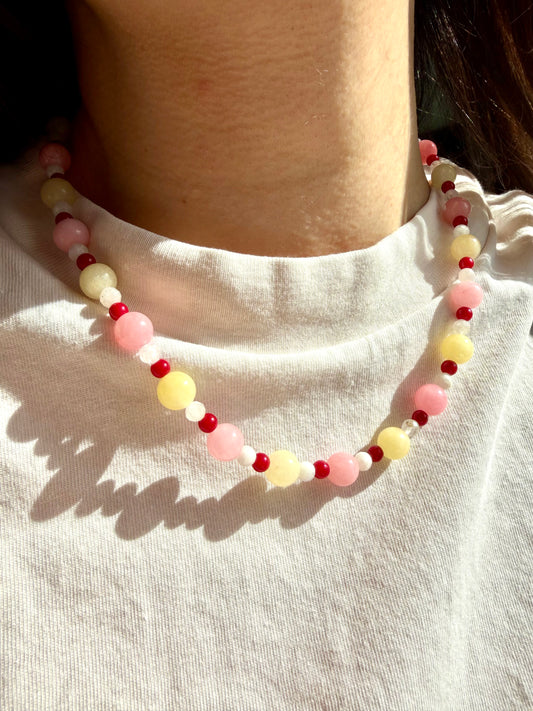 Blush Candy – Morganit & Mondstein Halskette mit Koralle – handgefertigt