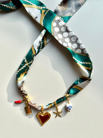 Bandana necklace with charms made of 18k gold-plated stainless steel • Heart pendant, star &amp; hand-painted porcelain heart