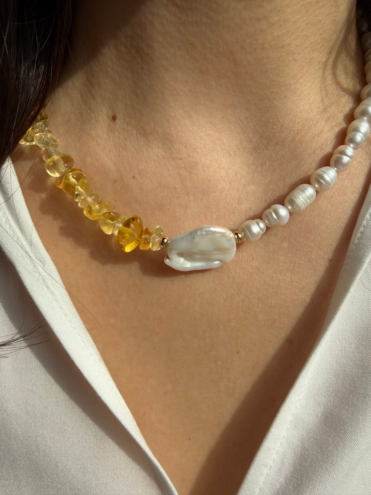 Necklace with citrine &amp; freshwater pearls • Baroque pearl &amp; gold accents • 18k gold-plated