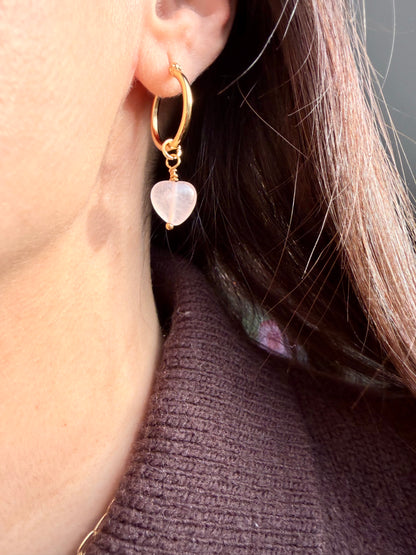 Rose Quartz Heart Earrings – Heart of Rose | 18k Gold Plated