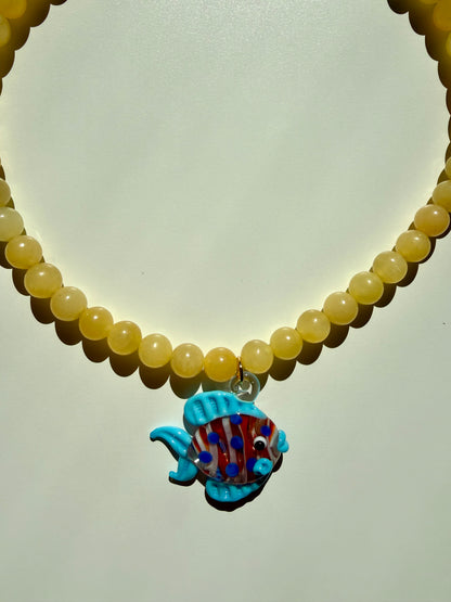 Golden Mare - Honey Bead Necklace with Fish Pendant Handmade