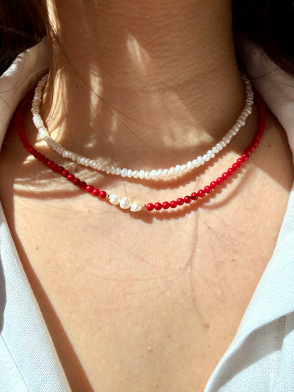 Petit Coral – Delicate Coral Necklace with Freshwater Pearls – Handmade