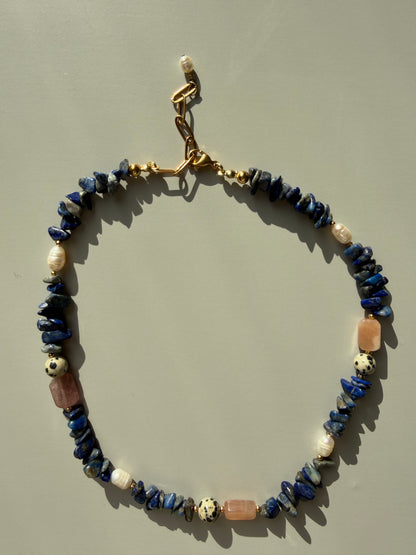 Gemstone necklace with lapis lazuli, Dalmatian jasper &amp; rose quartz