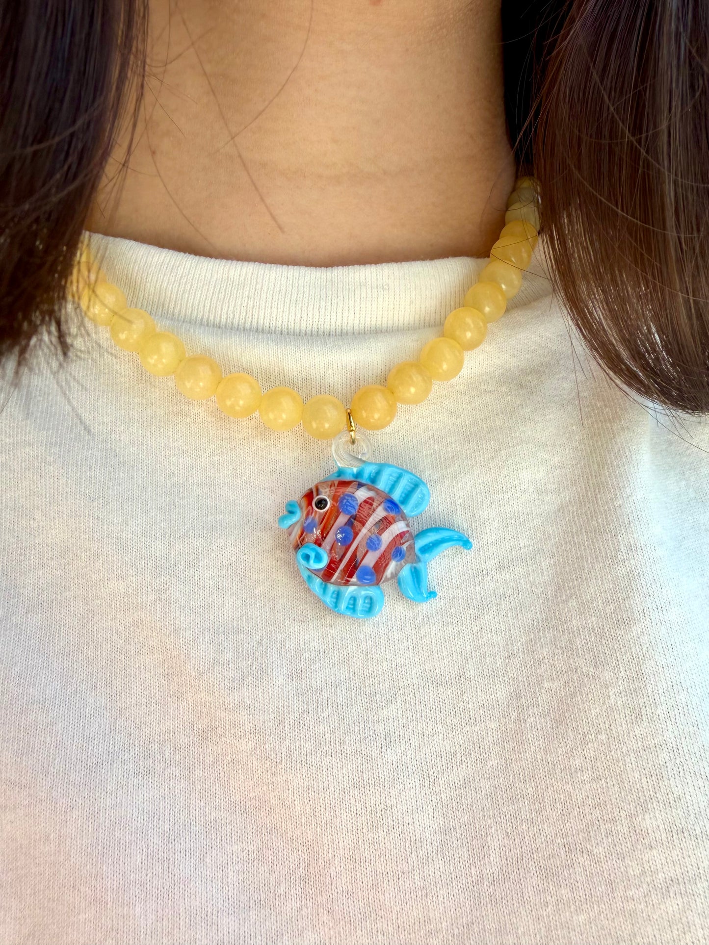 Golden Mare - Honey Bead Necklace with Fish Pendant Handmade
